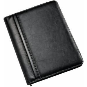 A black leather folder featuring a smooth finish, with a side pocket and a zip closure. It has a branding logo.