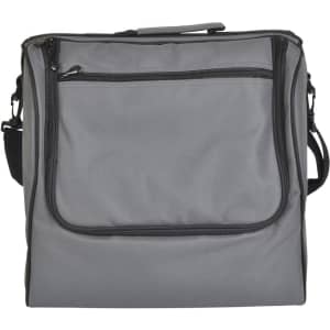 A grey picnic basket with a front zip pocket and an adjustable shoulder strap. It has a logo on the side.