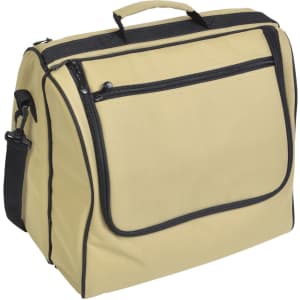 A beige picnic basket with a black zippered front pocket and a detachable shoulder strap. Features a carry handle.