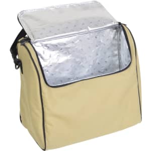 A yellow picnic basket with an insulated silver lining and a shoulder strap, featuring a flap opening.
