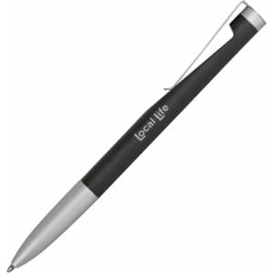 A metal pen with a black grip and silver clip, featuring a logo.
