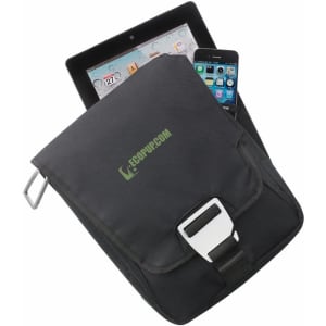 A black bag with a flap, containing a tablet and a smartphone. The bag features a clip and has a logo.