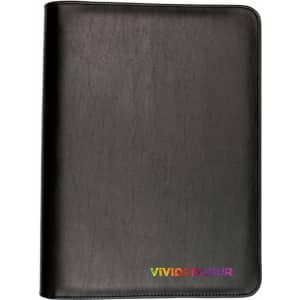 A black zippered compendium with a textured finish, featuring a logo in vivid colours at the bottom.