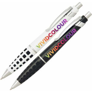 A set of metal pens in white and black, featuring a logo, with colourful designs on their barrel.