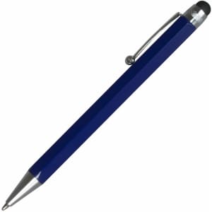 A blue stylus pen with a silver clip and a black tip for touchscreens. The pen has a textured grip and a sleek design.