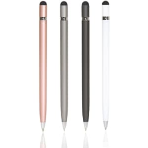 Four metal pens in rose gold, silver, dark grey, and white, each featuring a stylus tip and a logo.