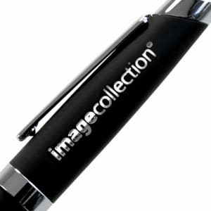 A black metal pen with a silver clip and branding detail.