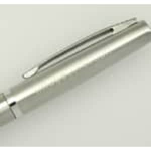 A sleek silver pen with a clip, featuring a polished surface and minimalistic design.