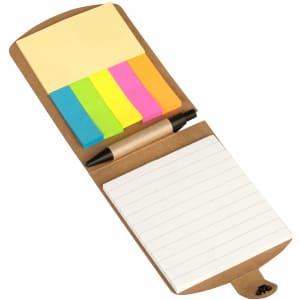 A notepad with lined pages, sticky notes in pink, yellow, and blue, and a pen, all in a brown cover.
