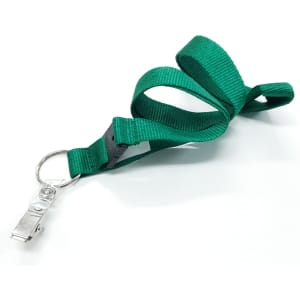 A green 19mm custom lanyard with a metal clip and ring, featuring a simple design.
