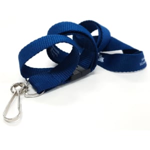 A blue 19mm custom lanyard with a metal clip and a black plastic adjuster.