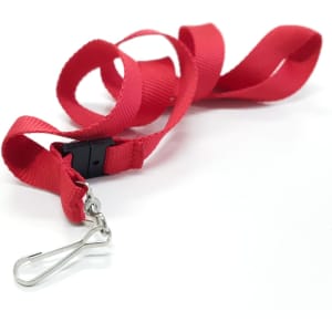 A red 19mm custom lanyard with a clip for attaching items, featuring a simple design.