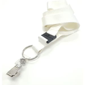 A white 19mm custom lanyard with a metal clip and a plastic attachment for holding items.