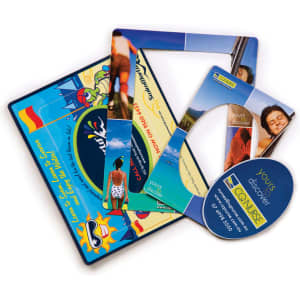 A magnetic photo frame set featuring a blue design, with various photo slots and a round tag.