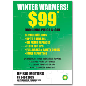 A magnetic jigsaw in a puzzle format featuring a winter service promotional design, predominantly in blue and white.