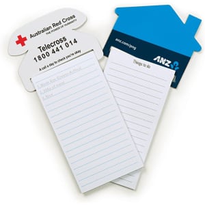 A magnetic rectangular to-do list pad in white with a blue house-shaped top and a logo.