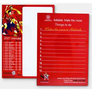 A red magnetic whiteboard featuring a grid layout and a branding logo on one side, and a list on the other.