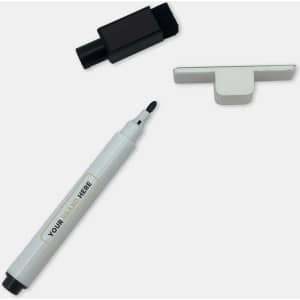 A magnetic whiteboard with a white dry-erase marker and a black eraser, featuring a branding area.