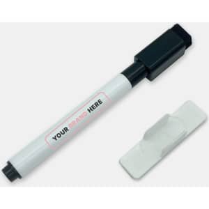A white magnetic whiteboard marker with a black cap and a white marker holder. It features a logo.