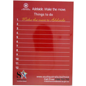 A red magnetic whiteboard featuring a list format with ten lines for notes and a logo at the bottom.