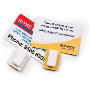 A T-Magnet with Clip in red and white, featuring a branding logo and a clip for attachment.