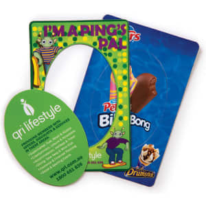 A vibrant magnetic photo frame featuring playful designs, primarily in green and blue, with a logo present.