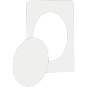 A budget magnetic photo frame in white, featuring an oval cutout and a rectangular shape. It includes a logo.