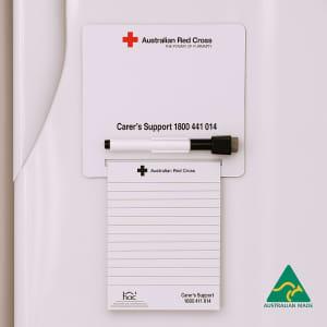 A magnetic whiteboard to-do list in white with a black pen and a note pad, featuring a logo in the corner.