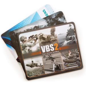 A mouse mat featuring a design with military graphics and scenes, with a dark border and a logo.