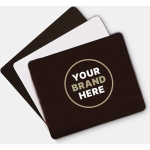 A set of three mouse mats in black, white, and dark brown, featuring circular branding spaces.