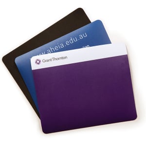 A collection of three mouse mats in black, blue, and purple, featuring a logo on one mat.