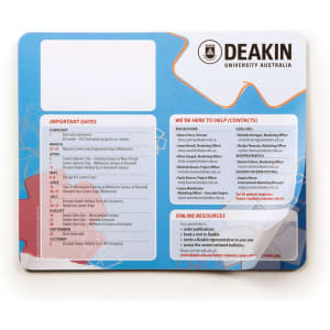 A mouse mat featuring a colourful design with important dates and contact information, branded with a logo.