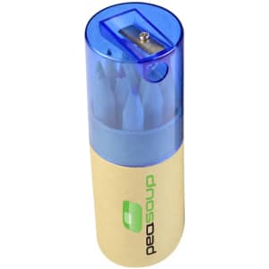 A pencil set featuring multiple coloured pencils and a sharpener in a cylindrical container with a blue lid.