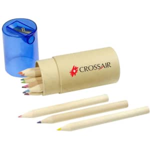 A 2 in 1 pencil set featuring coloured pencils in various shades, packaged in a cardboard tube with a sharpener.