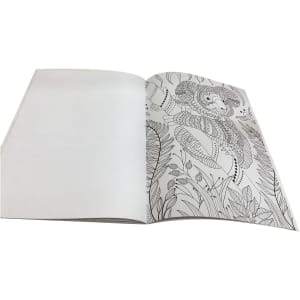 A colouring book featuring intricate black and white line art of nature and animals on white pages.