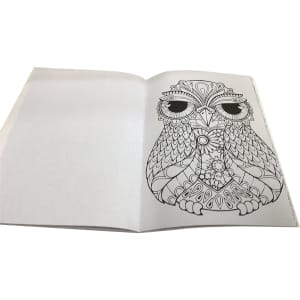 A5 colouring book featuring intricate black and white owl design on a blank page, showcasing detailed patterns.