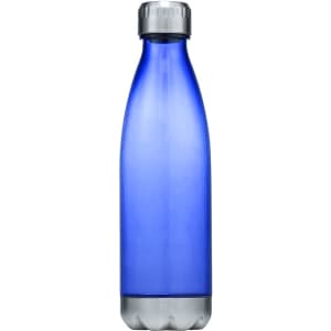 A drink bottle in a translucent blue colour with a silver lid, featuring a logo.