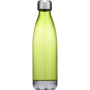 A drink bottle in a vibrant green colour with a silver cap and base, featuring a logo.