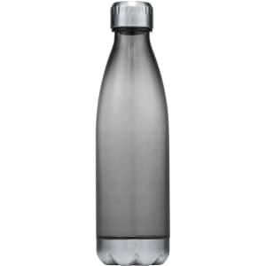 A drink bottle in grey plastic with a silver lid. Features a sleek, modern design and has a logo on it.
