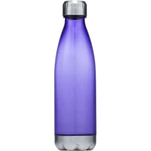 A drink bottle featuring a sleek purple design and a metallic silver lid. It has a logo on the surface.