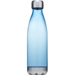 A drink bottle made of plastic with a sleek design, featuring a light blue colour and a silver cap.
