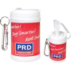 A white and red antibacterial wipes canister with a keychain attachment and a logo.