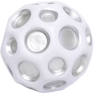 A high bounce ball in white with silver accents featuring various circular cut-outs. It has a simple, playful design.