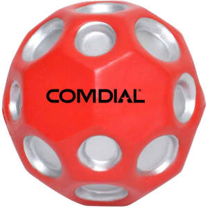 A red high bounce ball with silver accents, featuring a logo on its surface, designed for fun and stress relief.