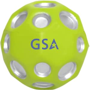 A vibrant green high bounce ball with silver holes and a logo. Ideal for fun and games.