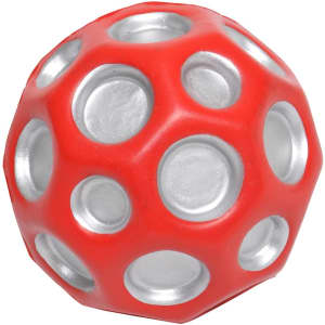 A red high bounce ball with silver accents and multiple circular cutouts. It features a logo.