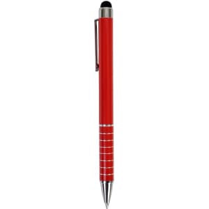 A red stylus pen featuring a metallic finish and a clip, with a stylus tip at the top.
