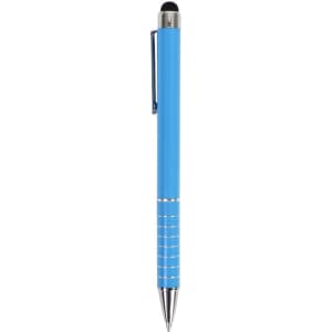A blue stylus pen with a shiny silver trim and a black tip for touchscreen devices. The pen features a logo.