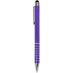 A purple stylus pen with a metallic clip and silver accents. It features a rubber tip for touchscreen use.