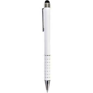 A white stylus pen with a silver clip and tip, featuring a textured grip and a branding logo.